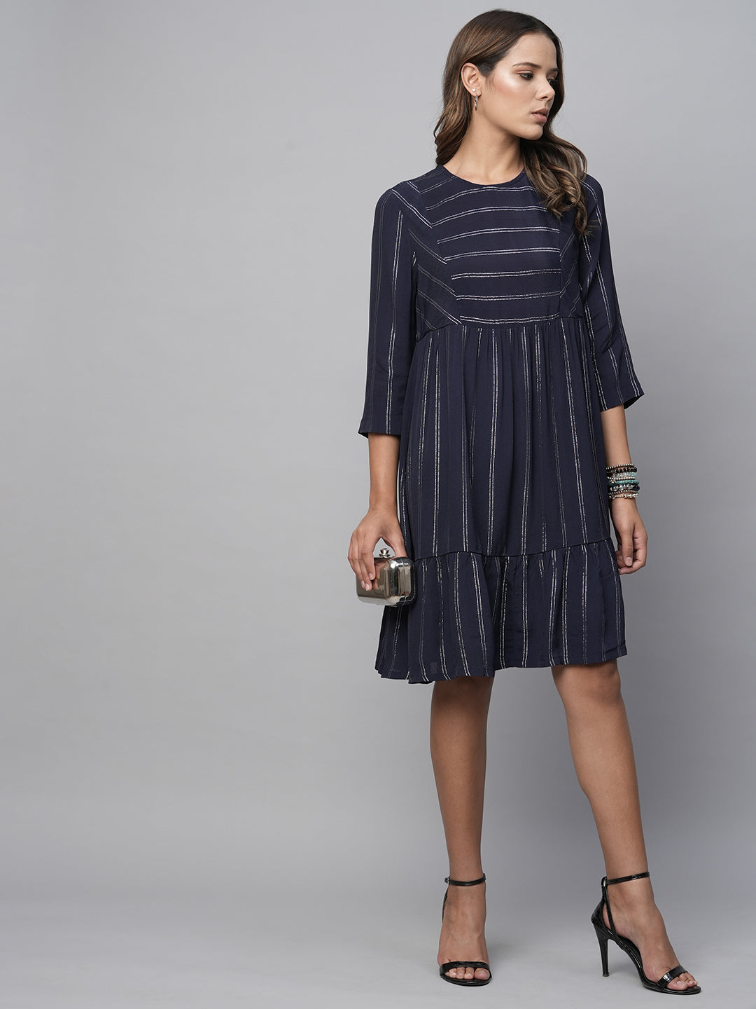 Viscose Crepe Lurex Tiered Basque Dress