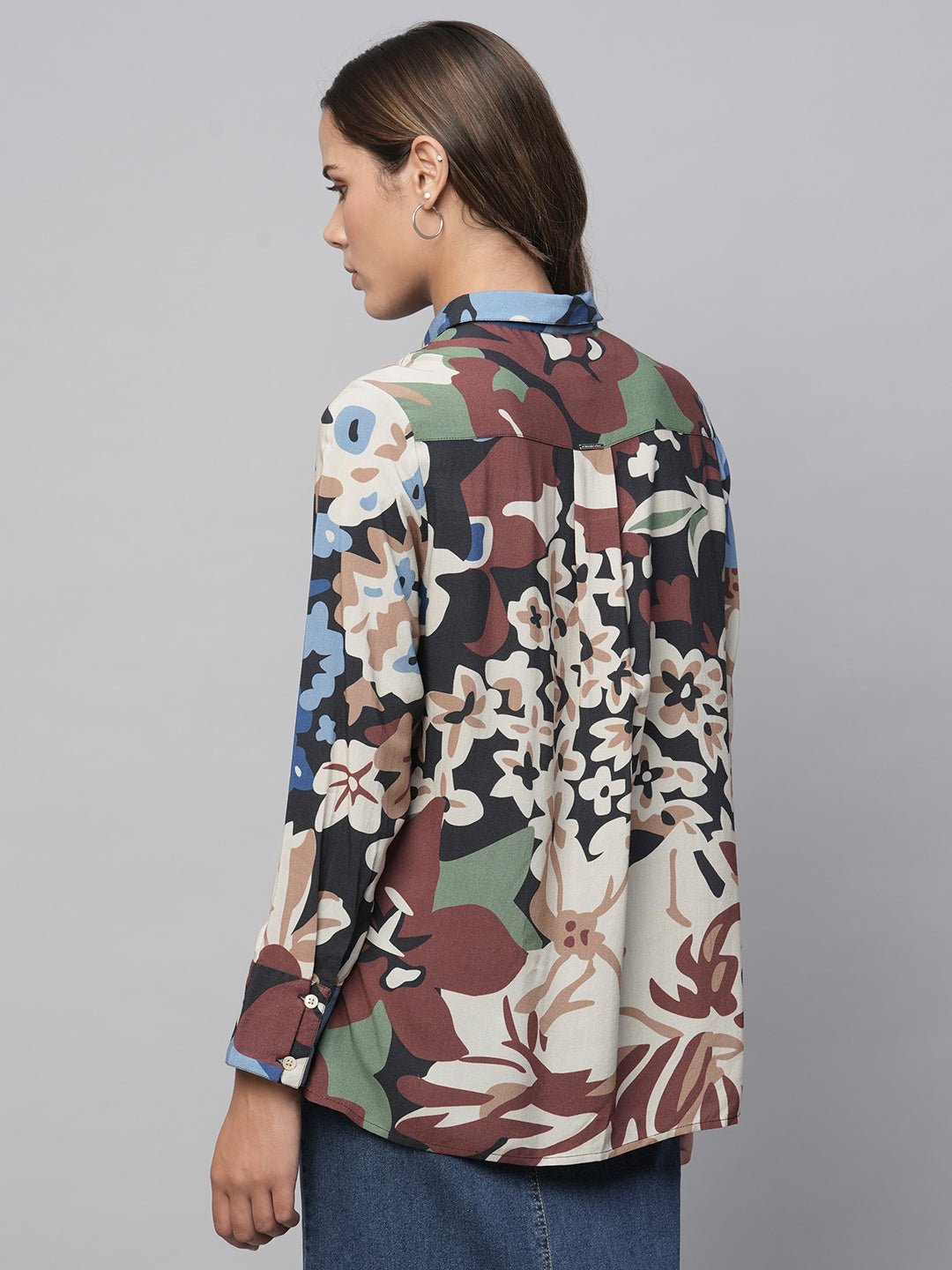 Avatar Floral Printed Viscose Shirt With Hi - Low Hemline