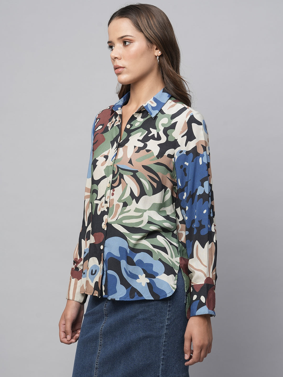 Avatar Floral Printed Viscose Shirt With Hi - Low Hemline