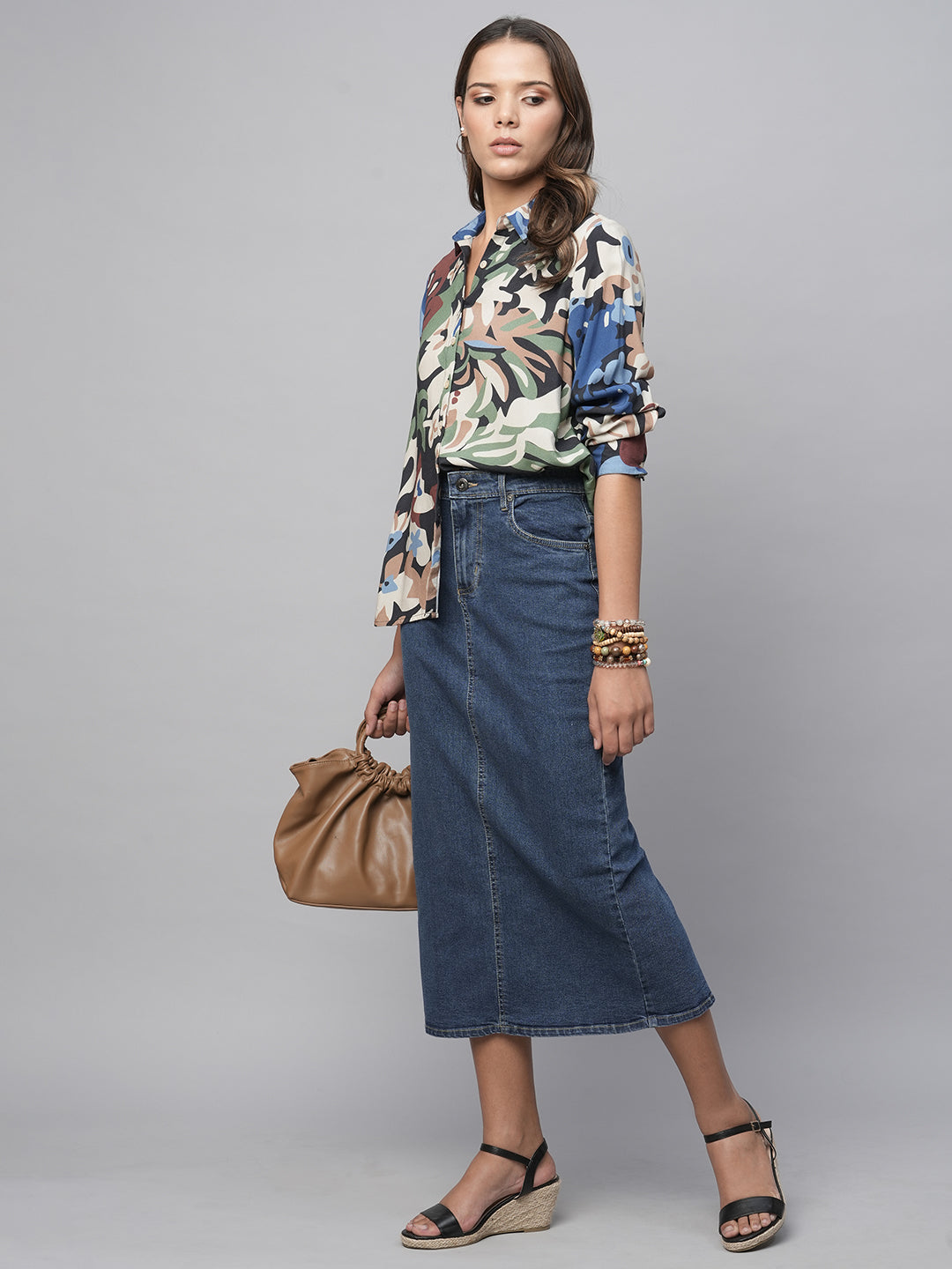 Avatar Floral Printed Viscose Shirt With Hi - Low Hemline