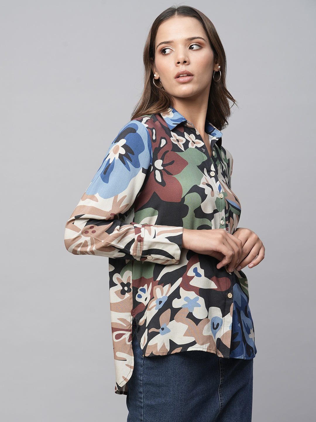 Avatar Floral Printed Viscose Shirt With Hi - Low Hemline