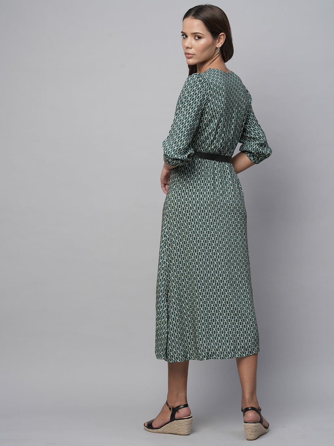 Rayon Printed Basque Dress W/ Faux Leather Belt