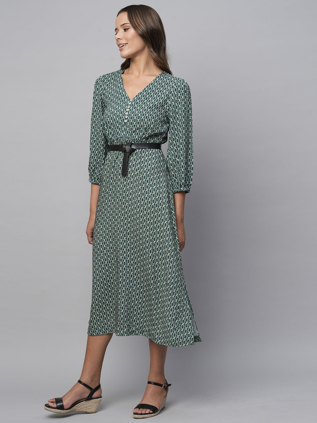 Rayon Printed Basque Dress W/ Faux Leather Belt