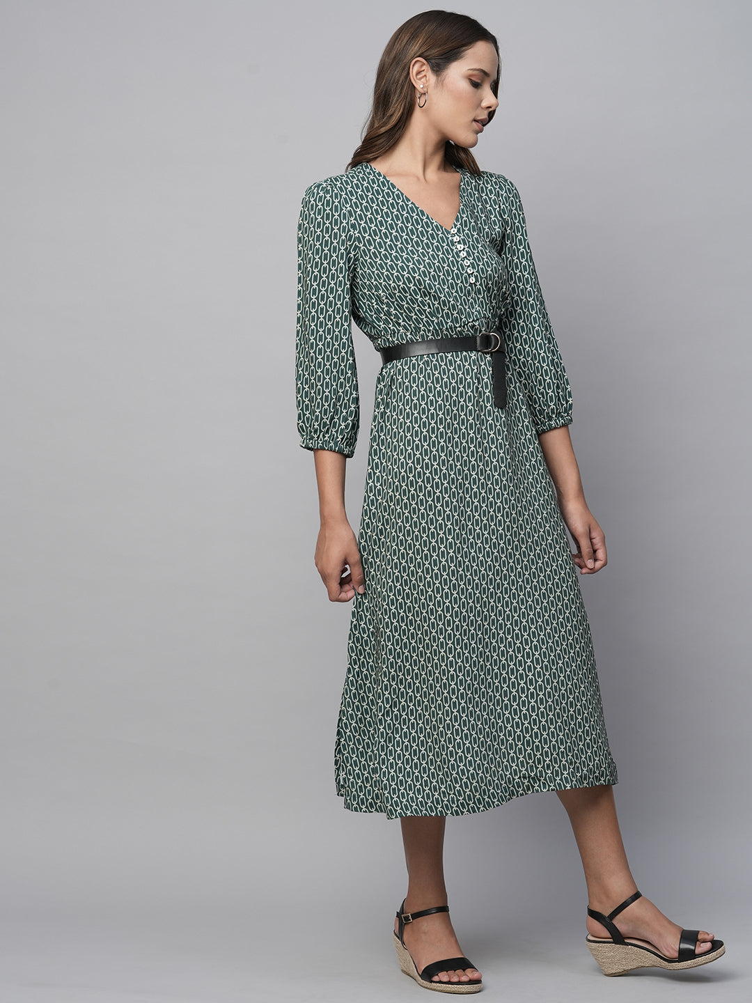 Rayon Printed Basque Dress W/ Faux Leather Belt