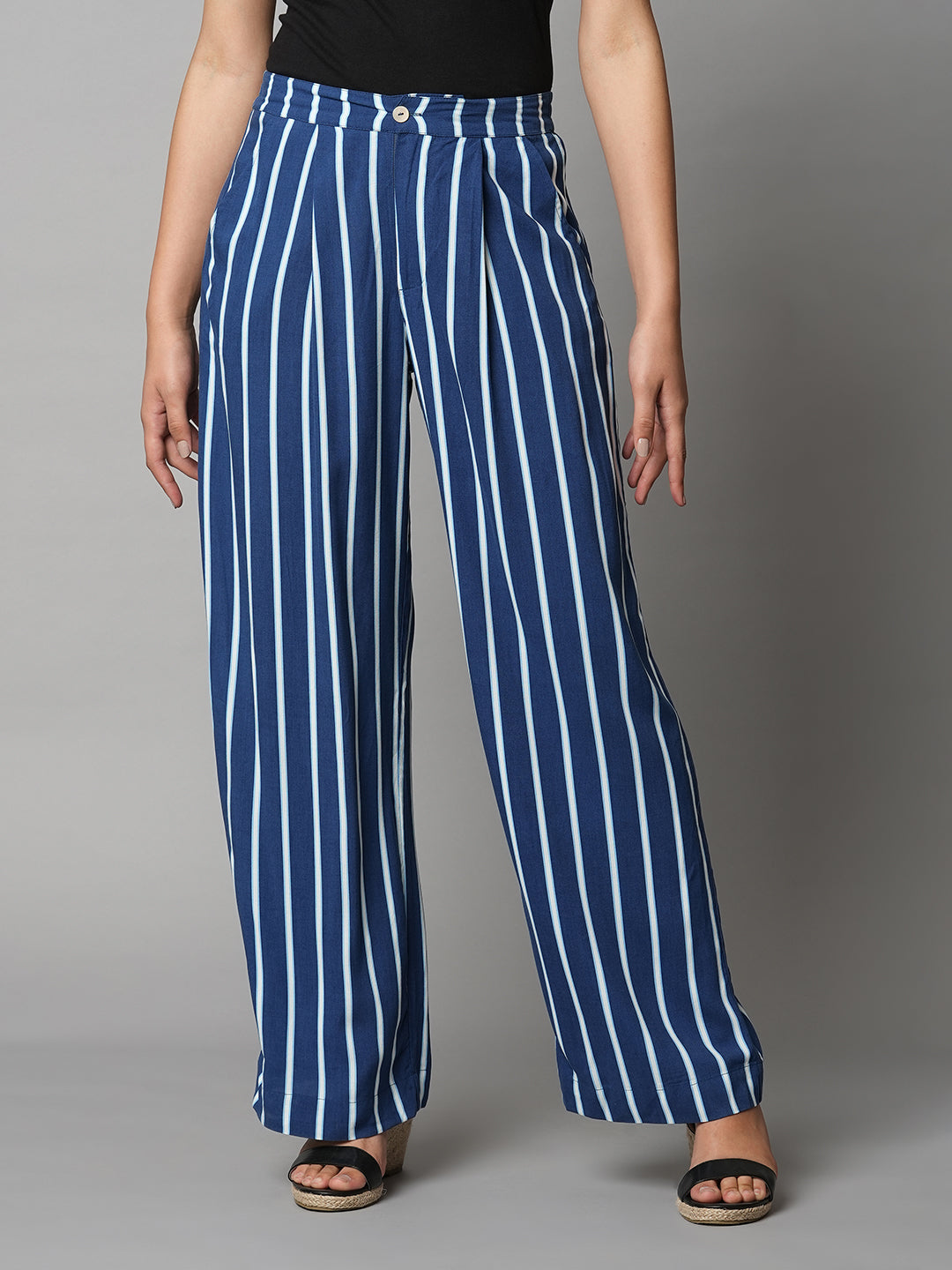 Rayon Striped Pleated Straight Leg Fluid Trousers