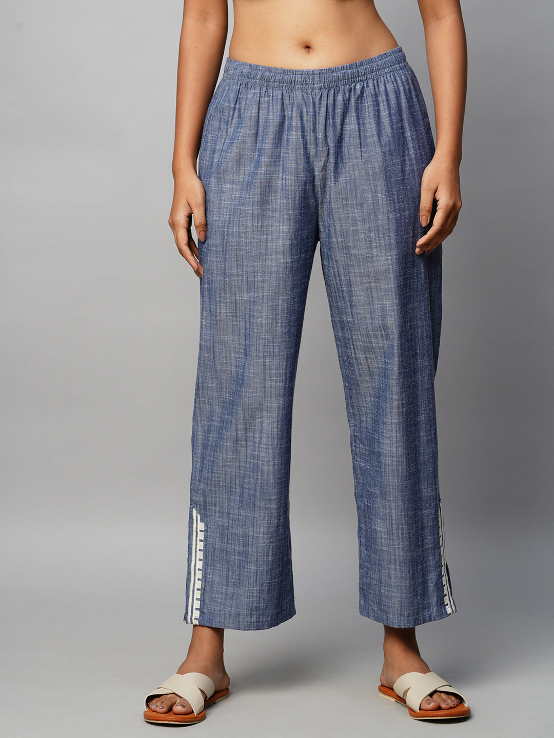 Crosshatch Cotton Chambray Pull On Pants With Embroidered Side Slits