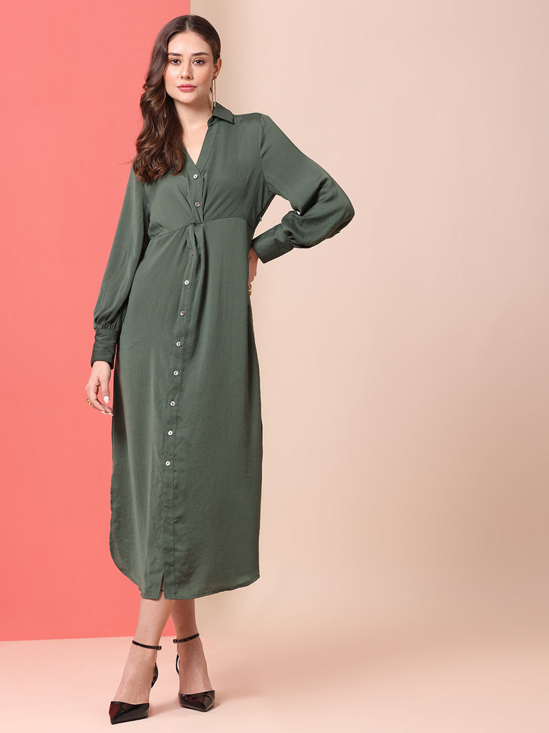HAMMERED SATIN TWISTED DETAIL SHIRT DRESS