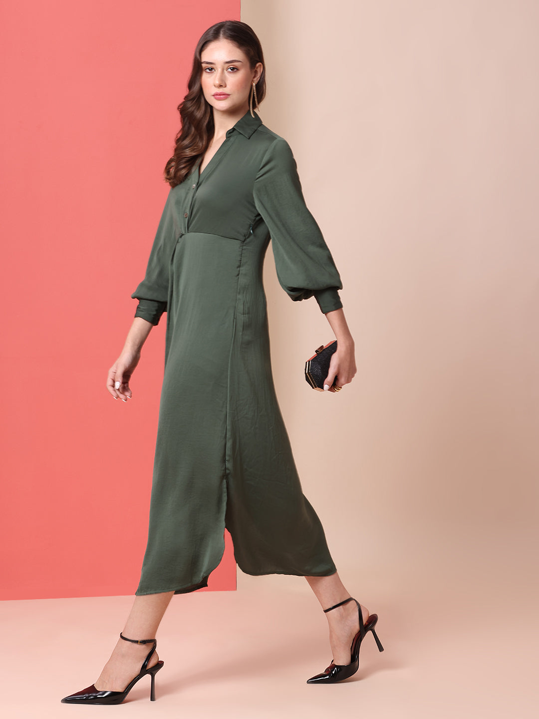 HAMMERED SATIN TWISTED DETAIL SHIRT DRESS