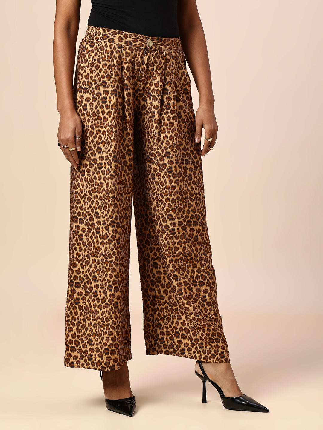LEOPARD PRINTED CRUSHED VISCOSE PLEATED TROUSERS