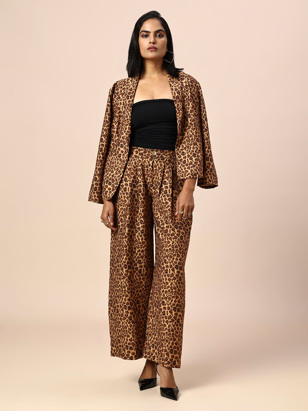 LEOPARD PRINTED CRUSHED VISCOSE PLEATED TROUSERS