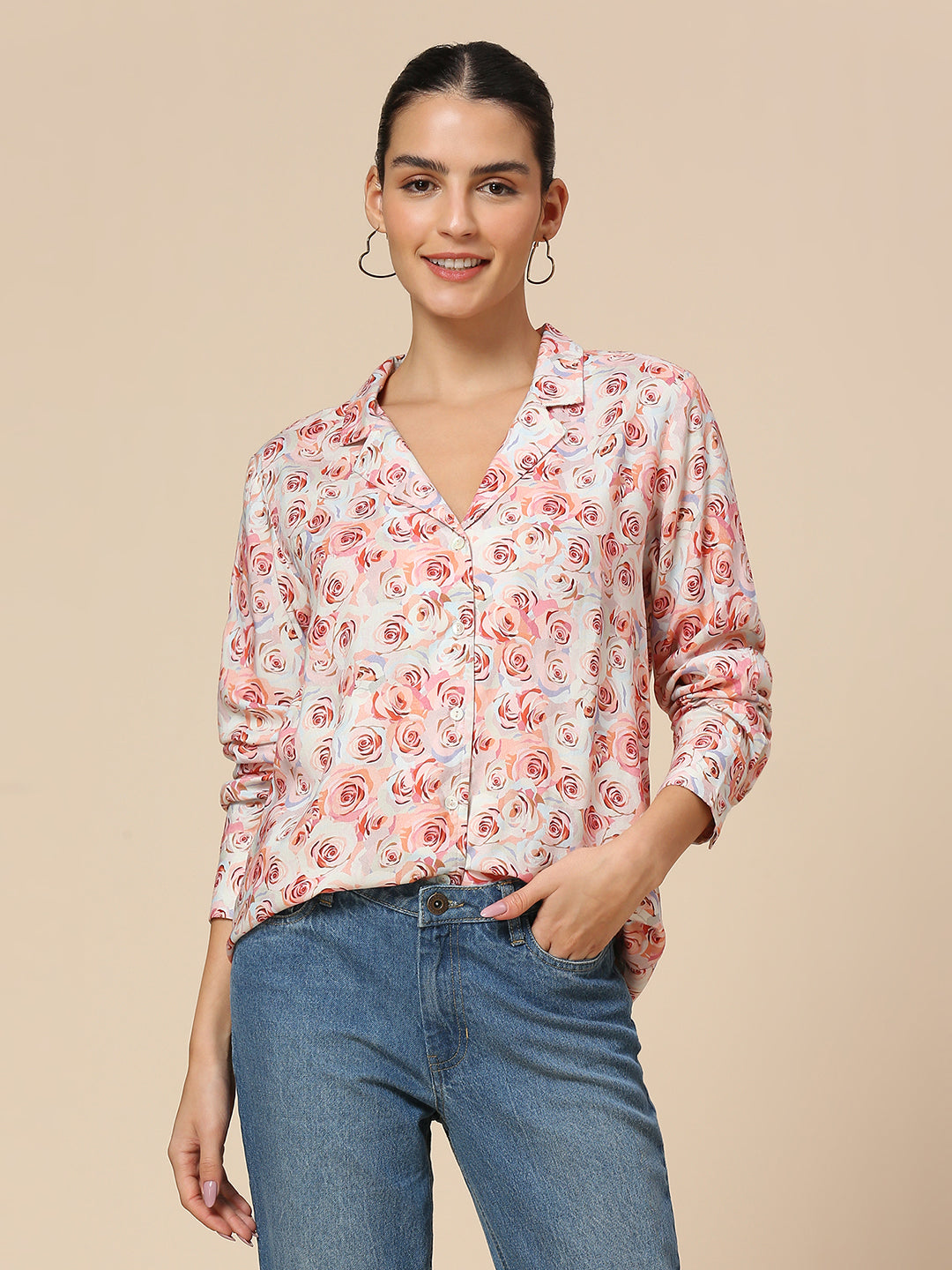 LAPEL COLLAR ROSE PRINTED VISCOSE FLUID SHIRT