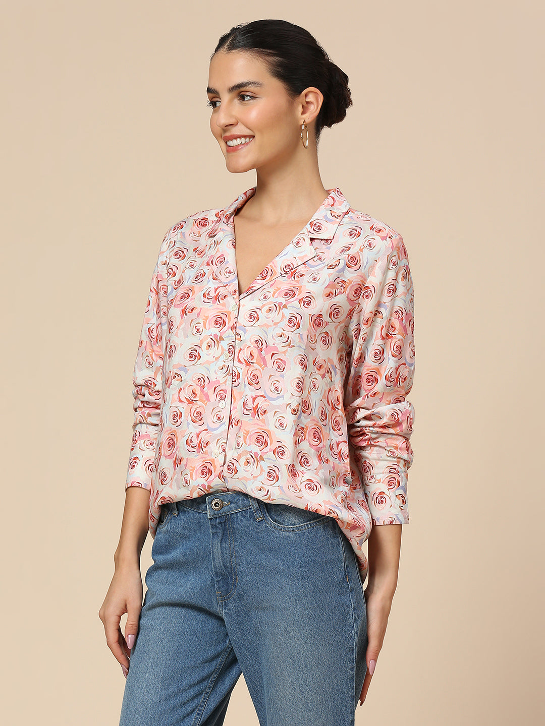 LAPEL COLLAR ROSE PRINTED VISCOSE FLUID SHIRT