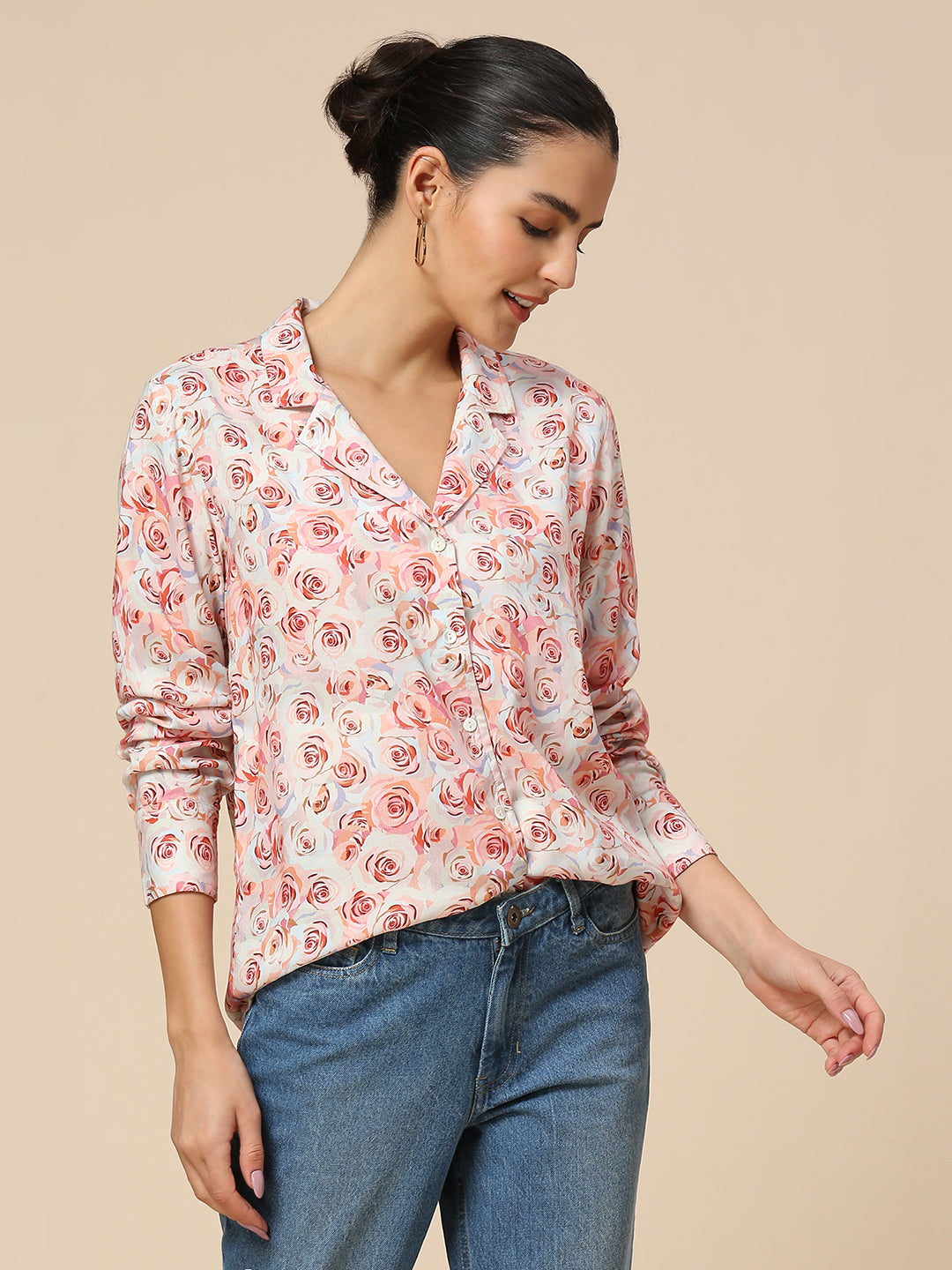 LAPEL COLLAR ROSE PRINTED VISCOSE FLUID SHIRT