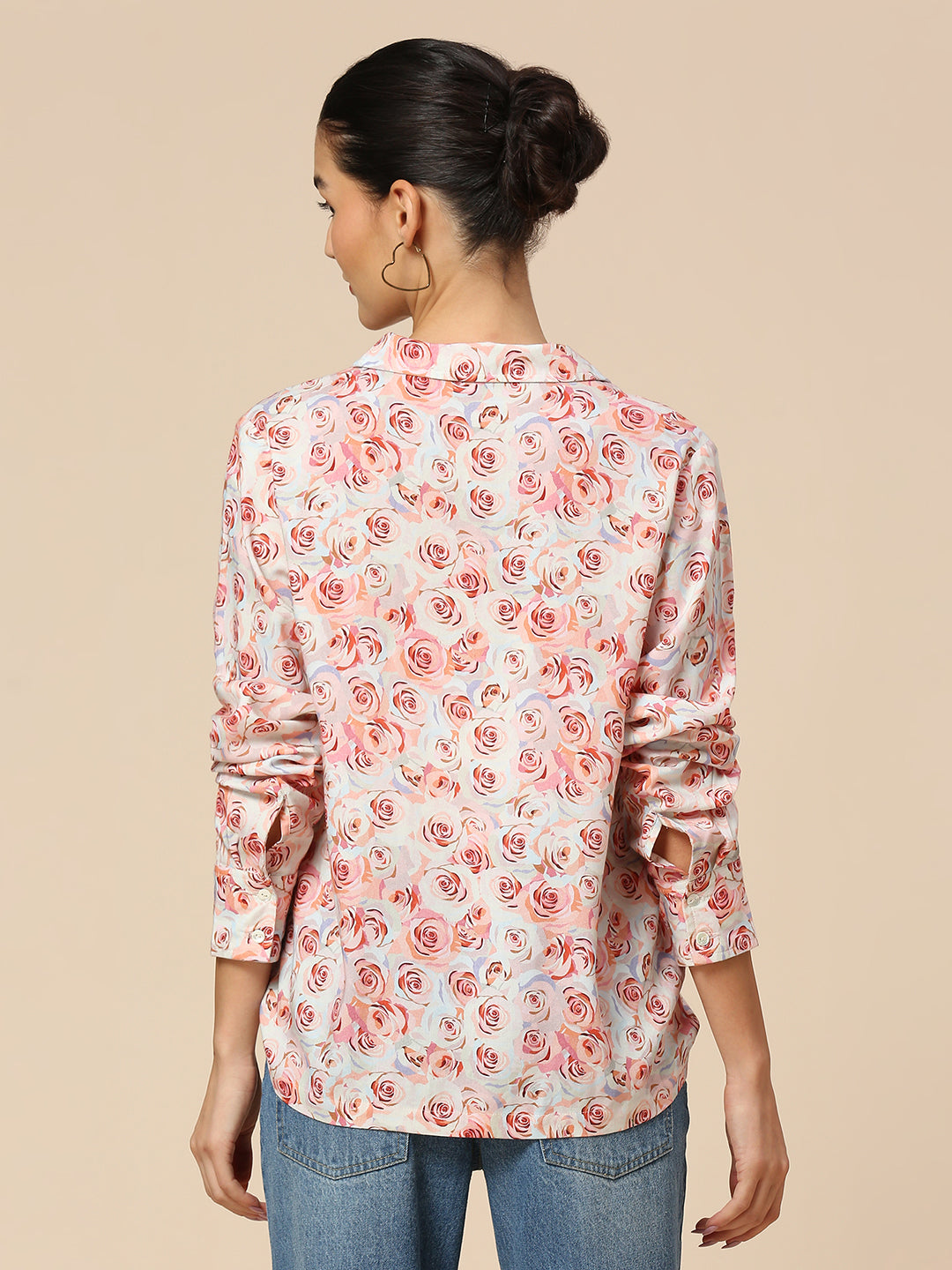 LAPEL COLLAR ROSE PRINTED VISCOSE FLUID SHIRT