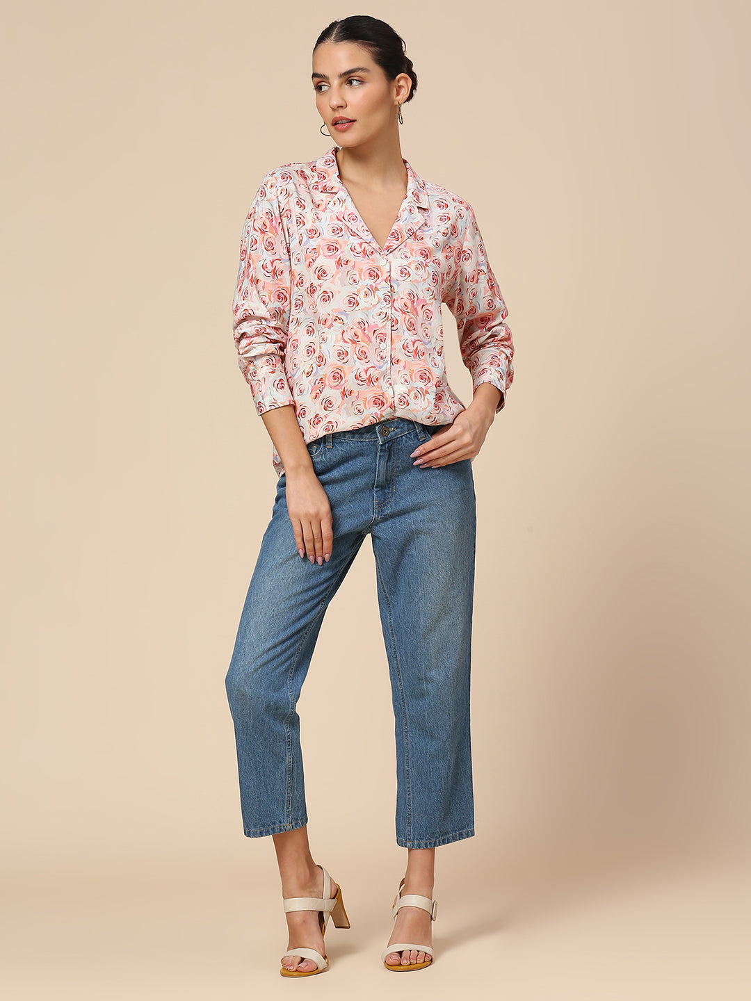 LAPEL COLLAR ROSE PRINTED VISCOSE FLUID SHIRT