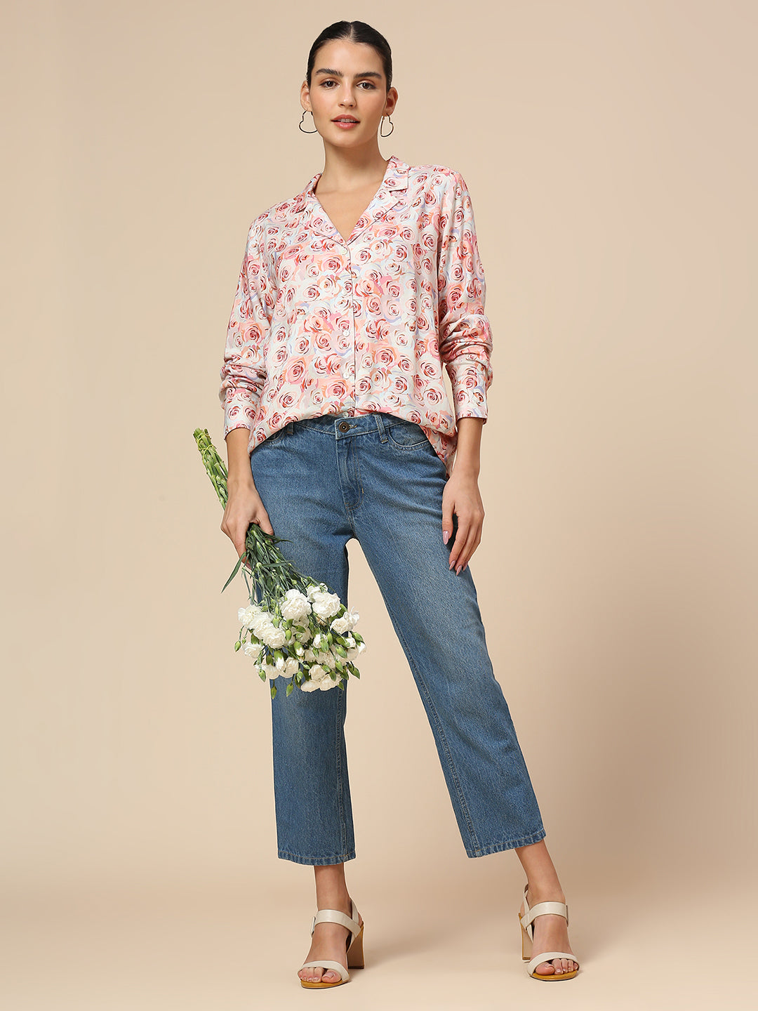 LAPEL COLLAR ROSE PRINTED VISCOSE FLUID SHIRT