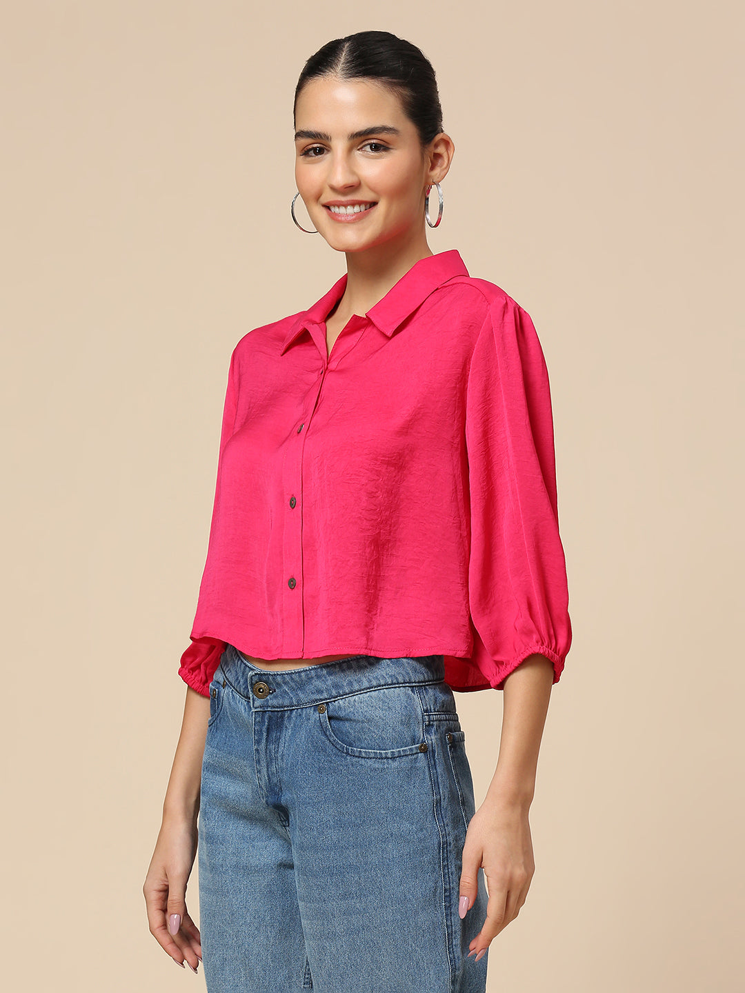 CRUSHED POLY CROPPED SHIRT W/ ELASTICATED SLEEVES
