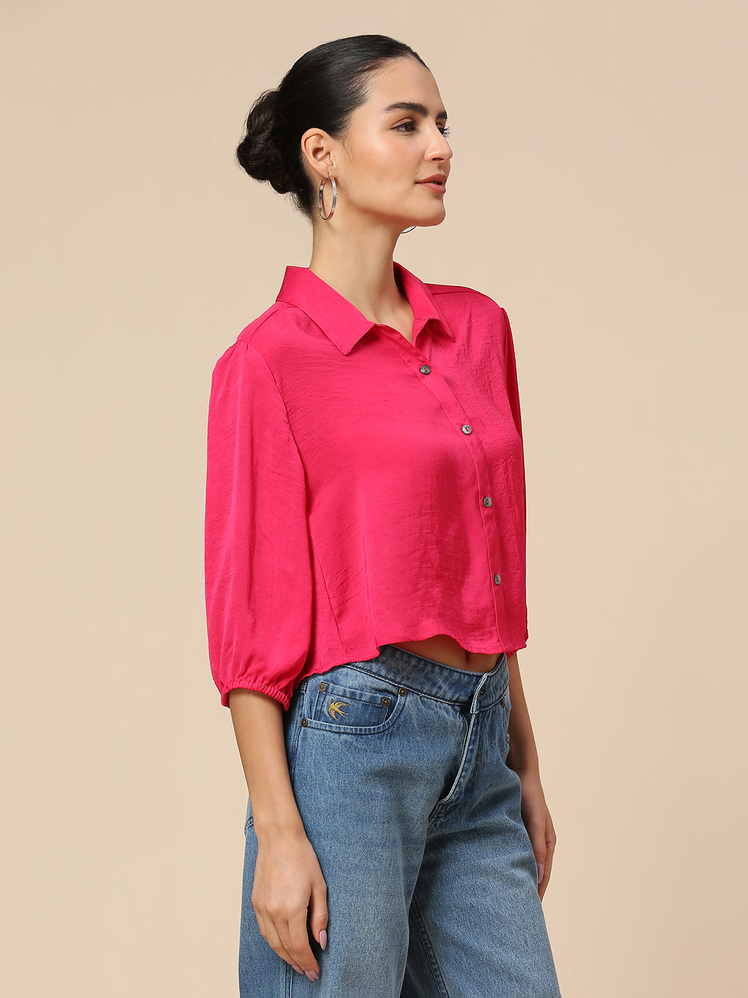 CRUSHED POLY CROPPED SHIRT W/ ELASTICATED SLEEVES