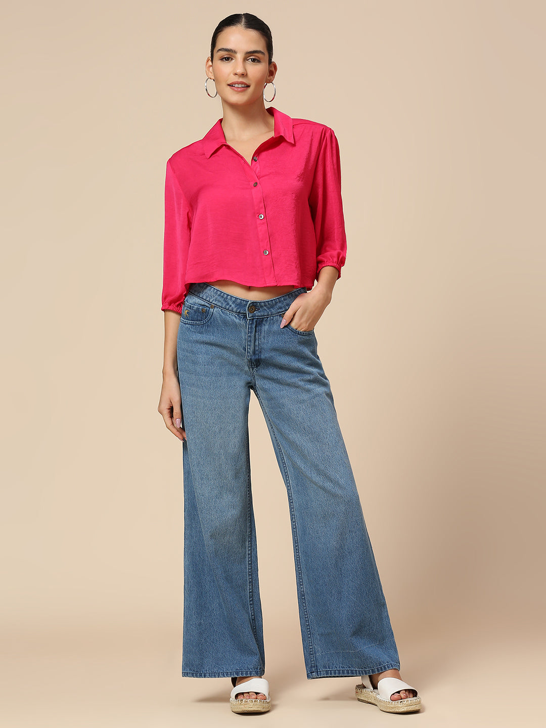 CRUSHED POLY CROPPED SHIRT W/ ELASTICATED SLEEVES