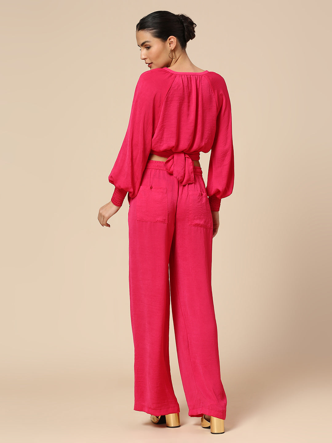 CRUSHED POLY CO-ORD SET WITH ROMANTIC SLEEVED CROP TOP & FLUID PULL ON PANTS