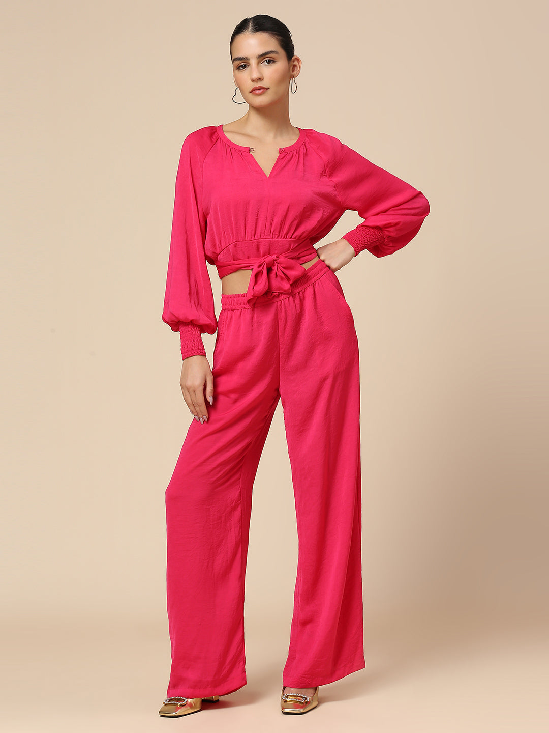 CRUSHED POLY CO-ORD SET WITH ROMANTIC SLEEVED CROP TOP & FLUID PULL ON PANTS