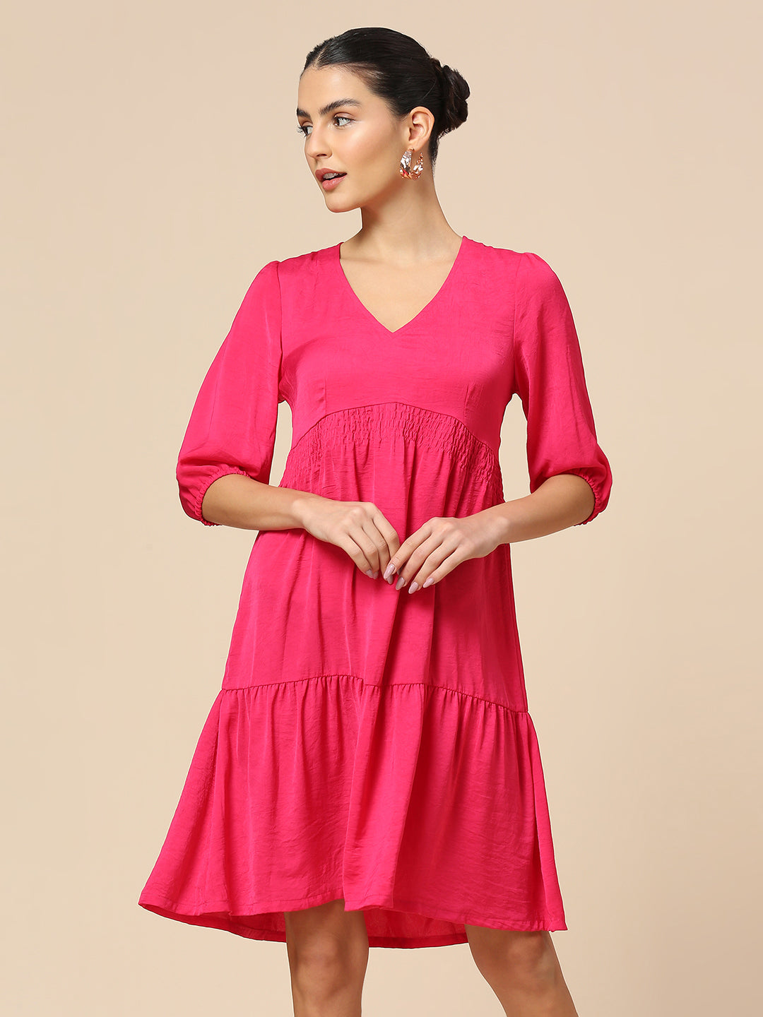 "V"- NECK CRUSHED POLY TIERED DRESS