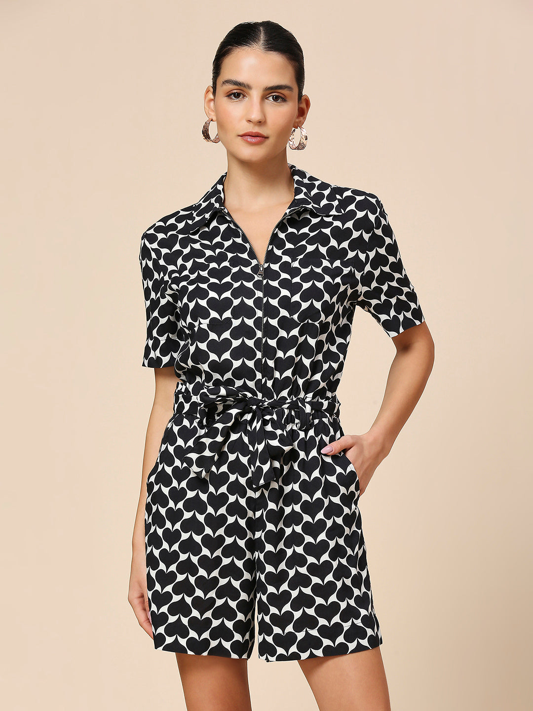 "FLIPPED HEARTS" PRINTED VISCOSE CINCHED WAIST ZIPPERED PLAYSUIT