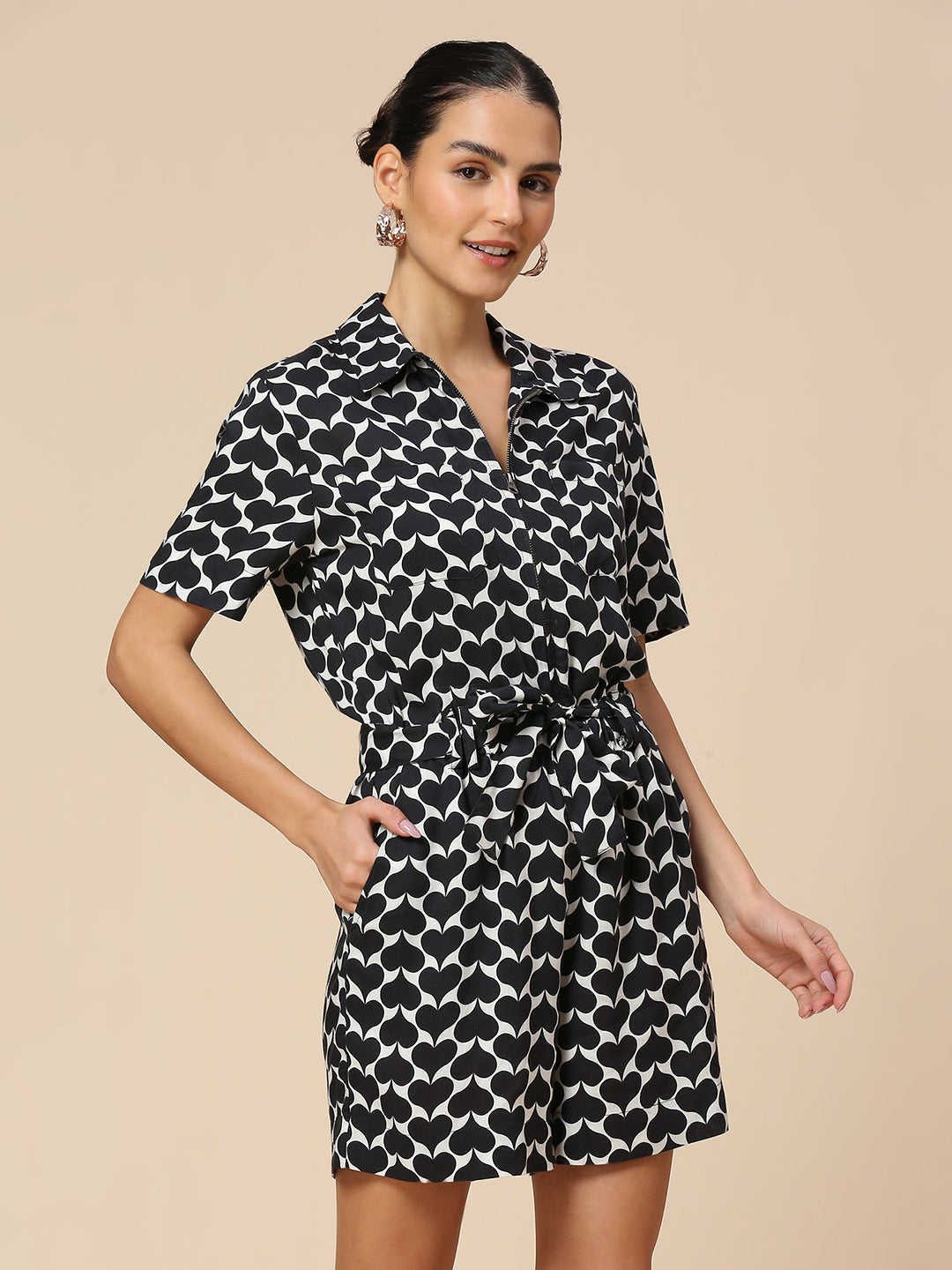 "FLIPPED HEARTS" PRINTED VISCOSE CINCHED WAIST ZIPPERED PLAYSUIT