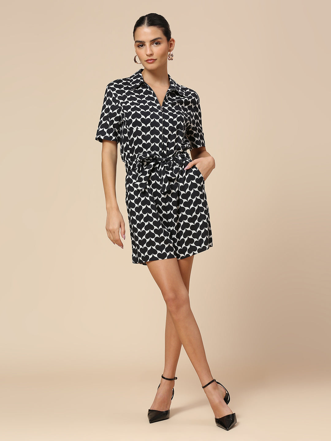 "FLIPPED HEARTS" PRINTED VISCOSE CINCHED WAIST ZIPPERED PLAYSUIT