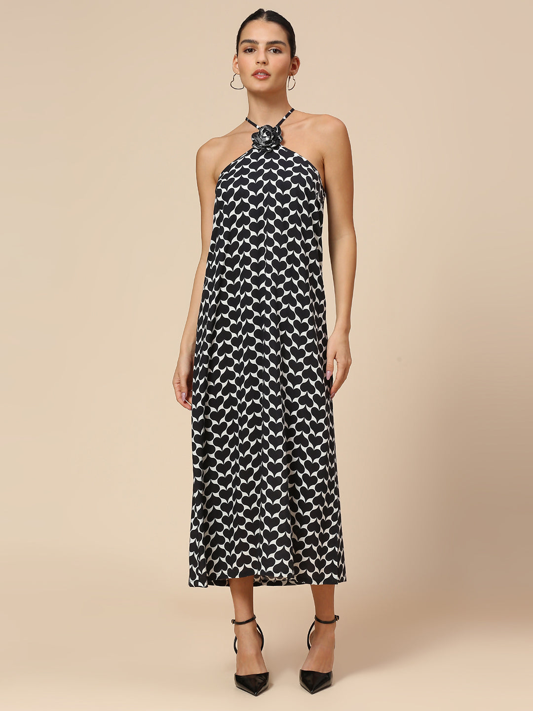 "FLIPPED-HEARTS" PRINTED RAYON HALTER A-LINE DRESS W/ EMBELLISHED CORSAGE