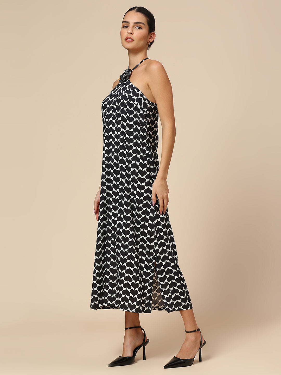 "FLIPPED-HEARTS" PRINTED RAYON HALTER A-LINE DRESS W/ EMBELLISHED CORSAGE
