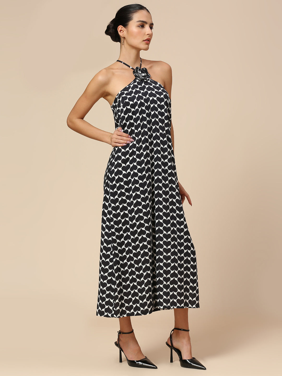 "FLIPPED-HEARTS" PRINTED RAYON HALTER A-LINE DRESS W/ EMBELLISHED CORSAGE
