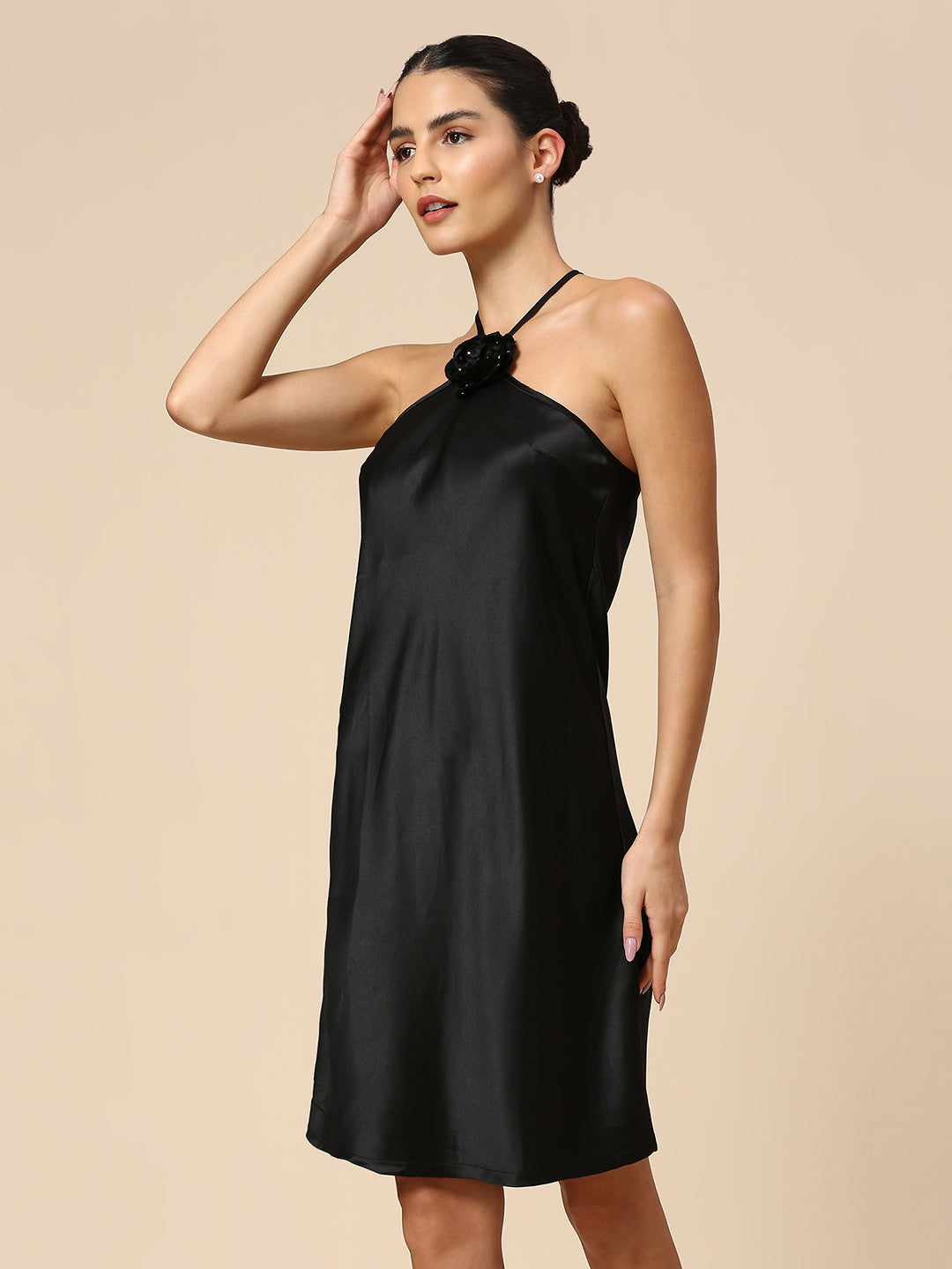 SATIN HALTER A-LINE SWING DRESS W/ EMBELLISHED CORSAGE