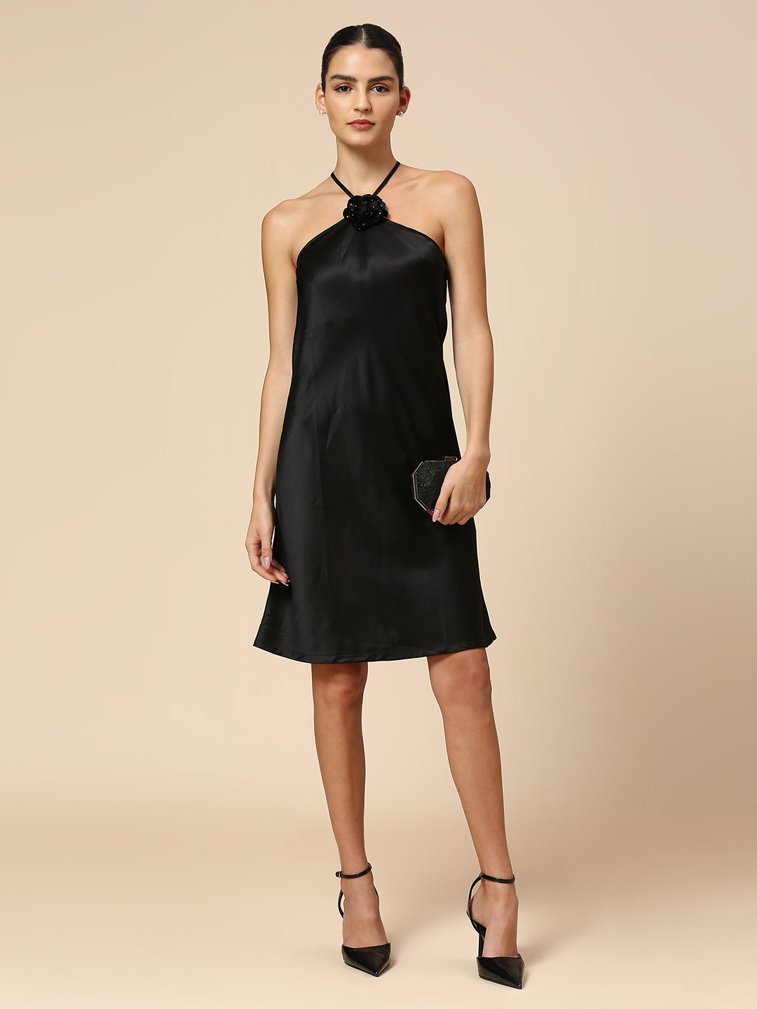 SATIN HALTER A-LINE SWING DRESS W/ EMBELLISHED CORSAGE