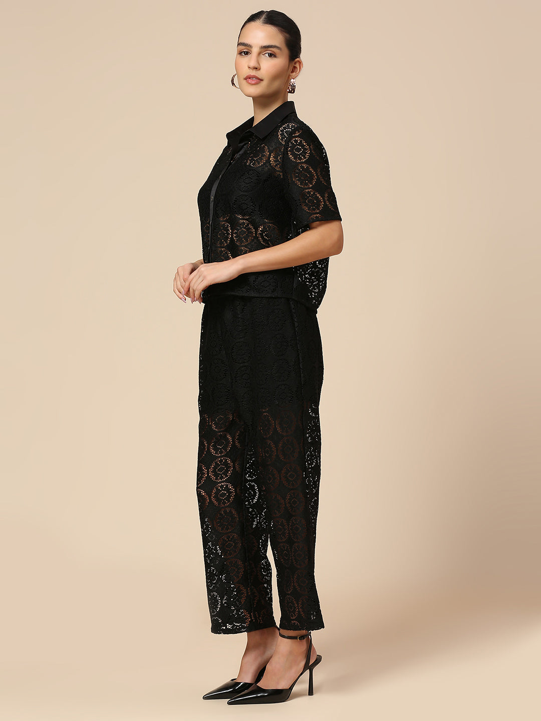 LACE HEAD TO TOE CO-ORD SET WITH SATIN TRIMMED SHIRT & LINED PULL ON PANTS