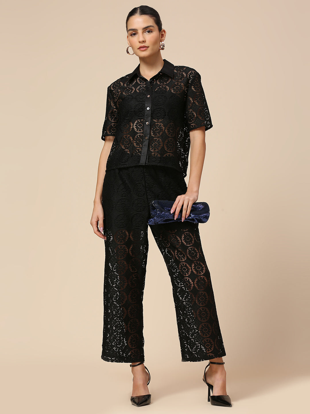 LACE HEAD TO TOE CO-ORD SET WITH SATIN TRIMMED SHIRT & LINED PULL ON PANTS