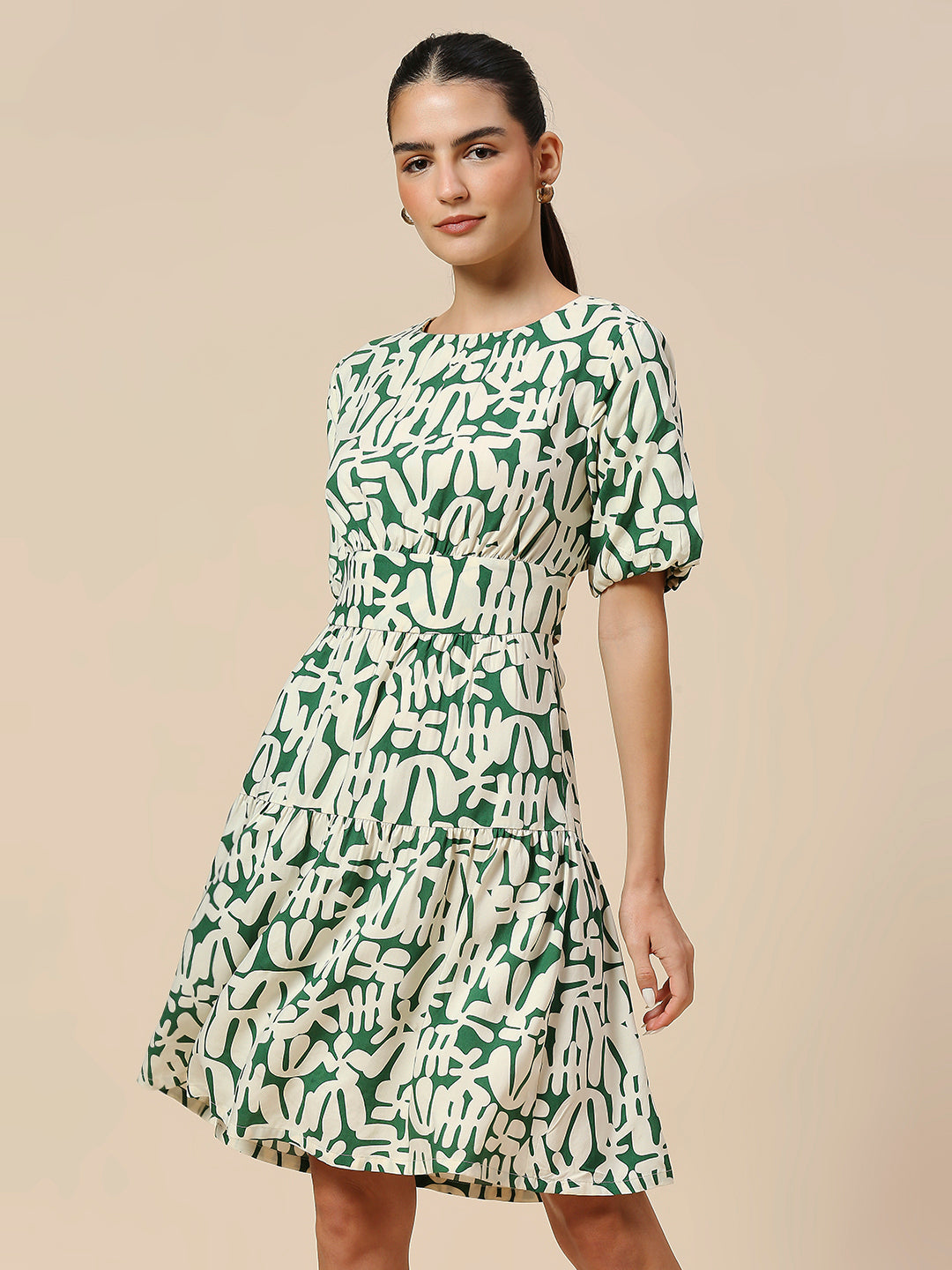 OVERBLOWN CACTUS PRINTED MODAL CUT OUT BACK WAISTED DRESS