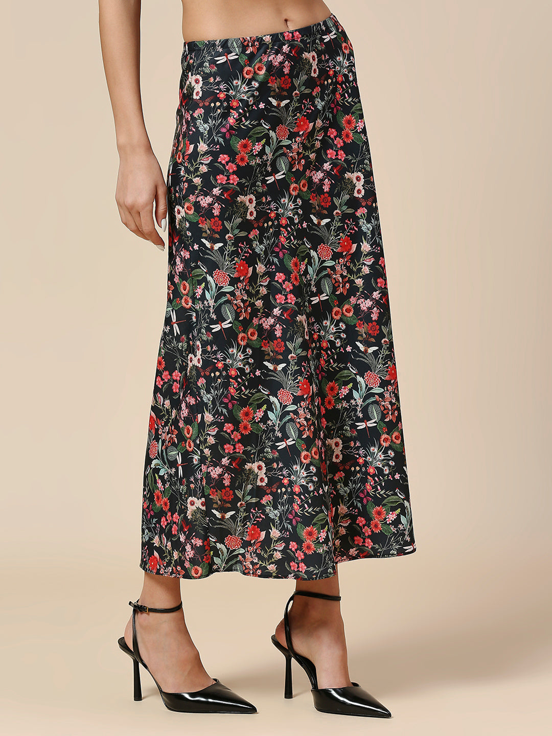 FLORAL PRINTED SATIN BIAS CUT SKIRT