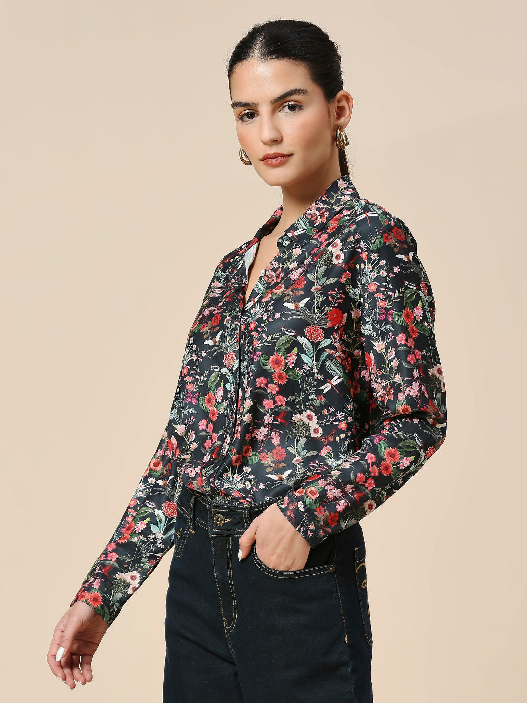 FLORAL PRINTED SATIN DRESS-UP SHIRT