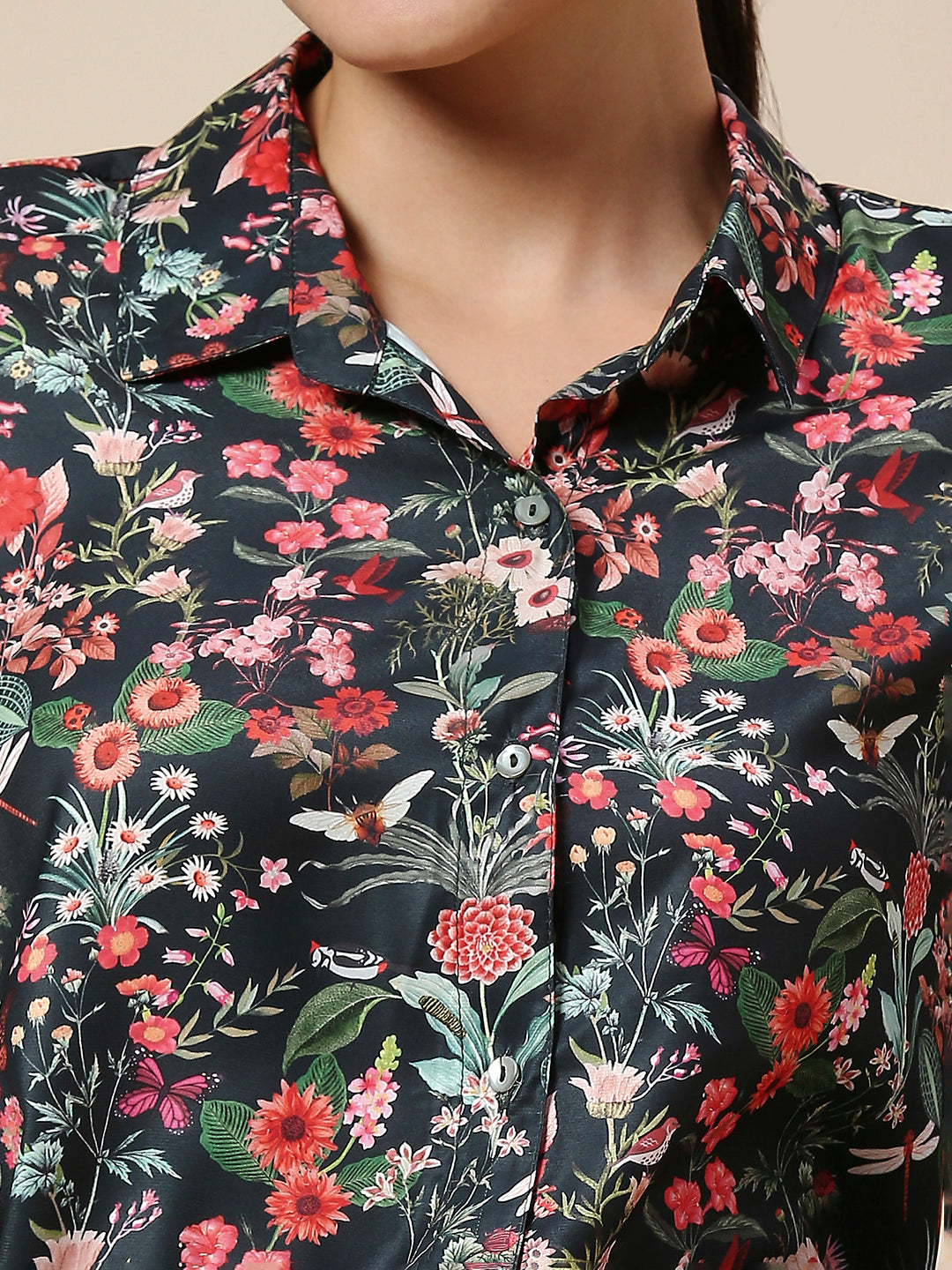 FLORAL PRINTED SATIN DRESS-UP SHIRT