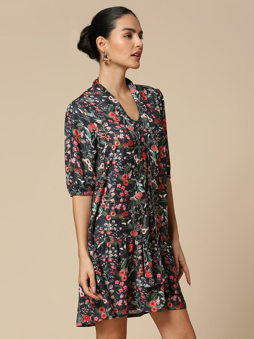 FLORAL PRINTED SATIN TIE - NECK TIERED SWING DRESS