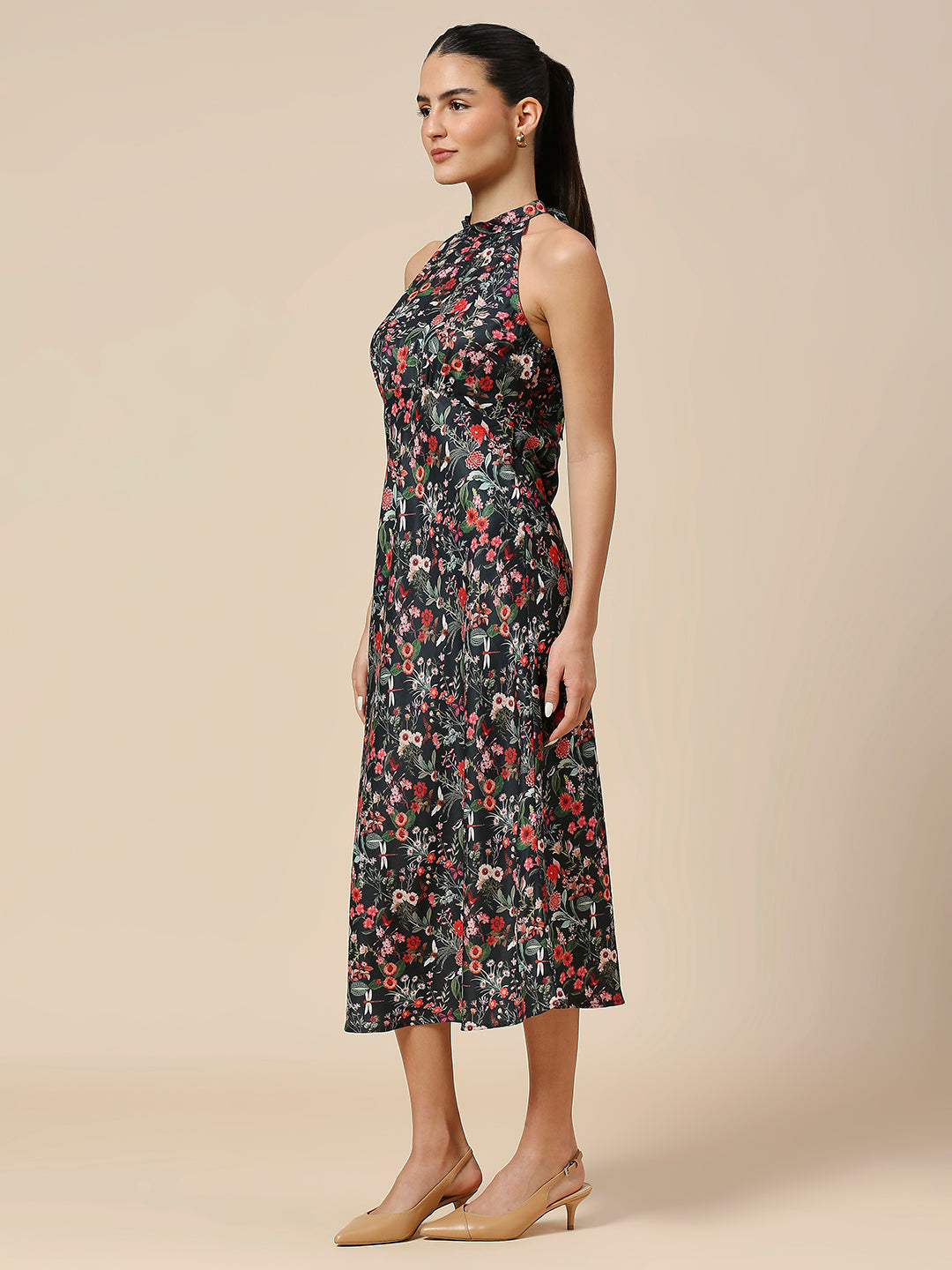 FLORAL PRINTED SATIN BIAS CUT HALTER NECK DRESS