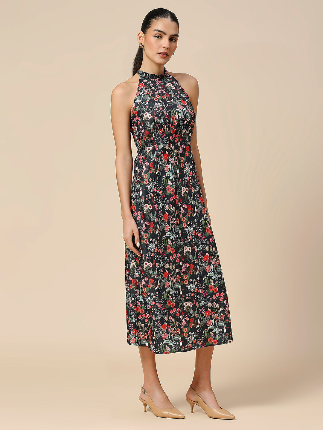 FLORAL PRINTED SATIN BIAS CUT HALTER NECK DRESS