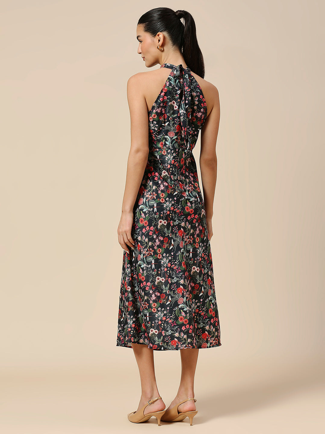 FLORAL PRINTED SATIN BIAS CUT HALTER NECK DRESS