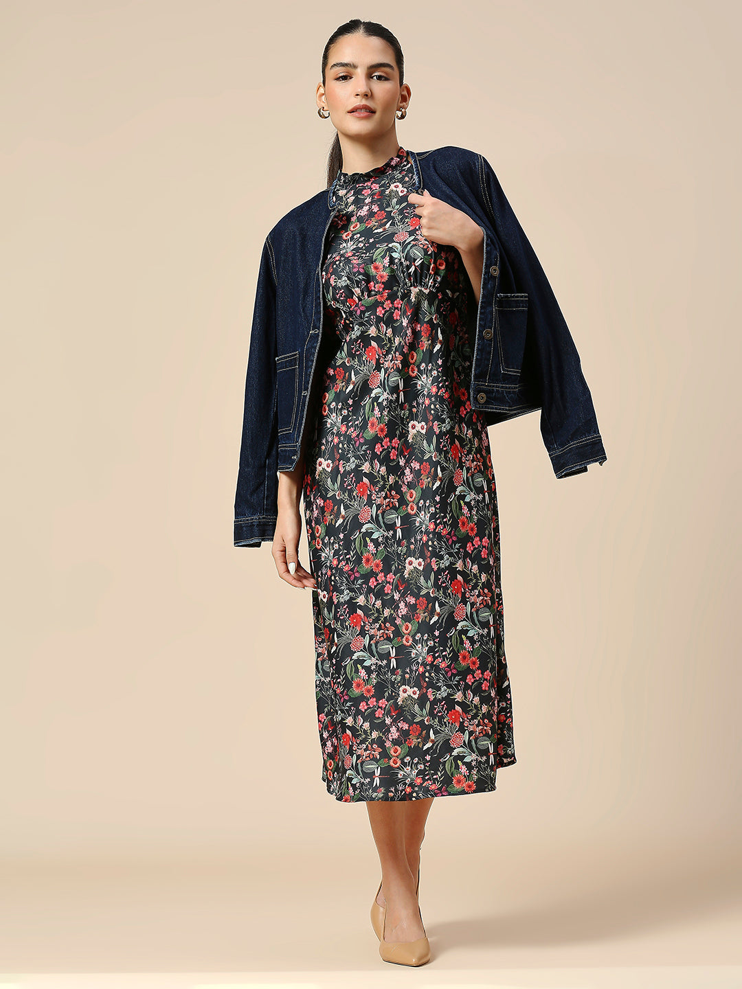 FLORAL PRINTED SATIN BIAS CUT HALTER NECK DRESS