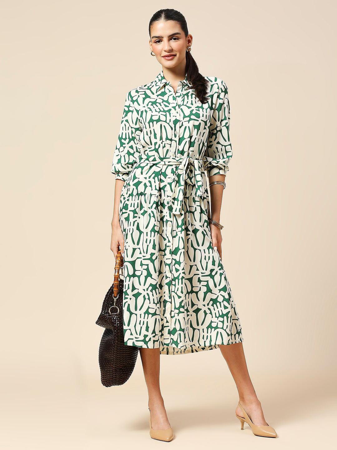 OVERBLOWN CACTUS PRINTED MODAL TIERED SHIRT DRESS
