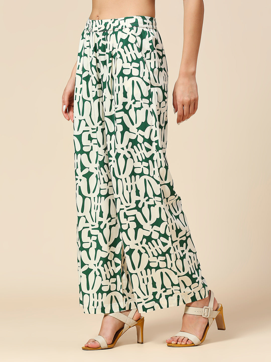 OVERBLOWN CACTUS GRAPHIC PRINTED SLIP ON FLUID PLEATED PANTS