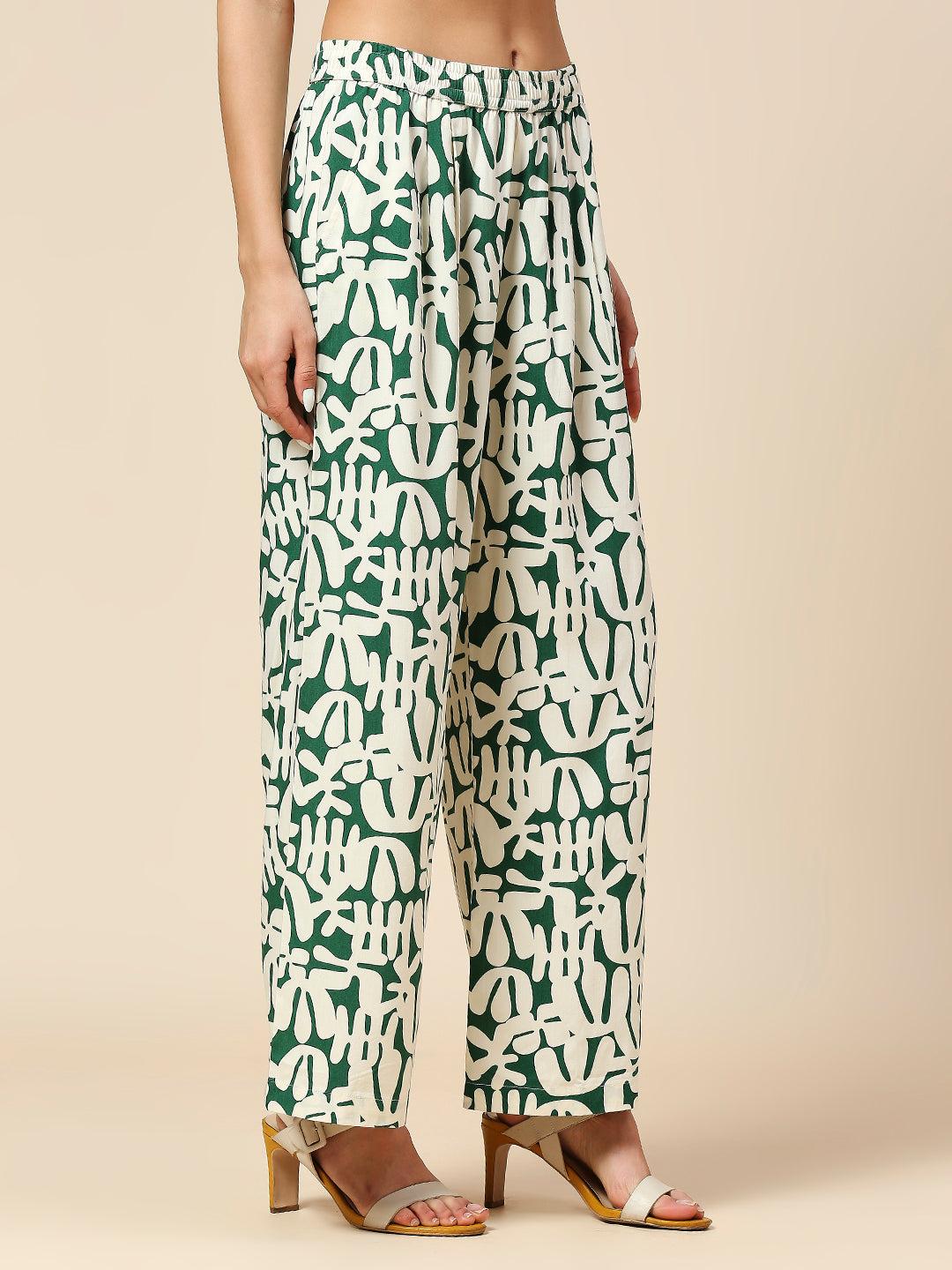 OVERBLOWN CACTUS GRAPHIC PRINTED SLIP ON FLUID PLEATED PANTS