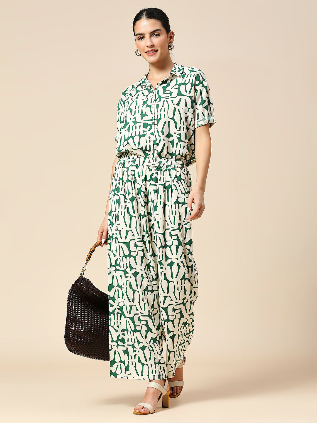 OVERBLOWN CACTUS GRAPHIC PRINTED SLIP ON FLUID PLEATED PANTS