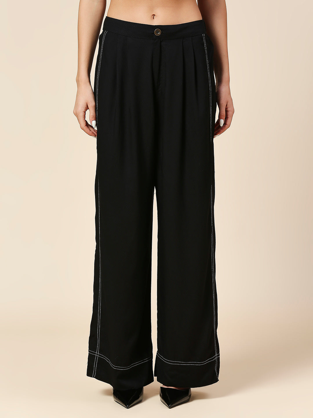 TEXTURED VISCOSE DOBBY PLEATED FLUID PANTS WITH CONTRAST STITCH DETAILING
